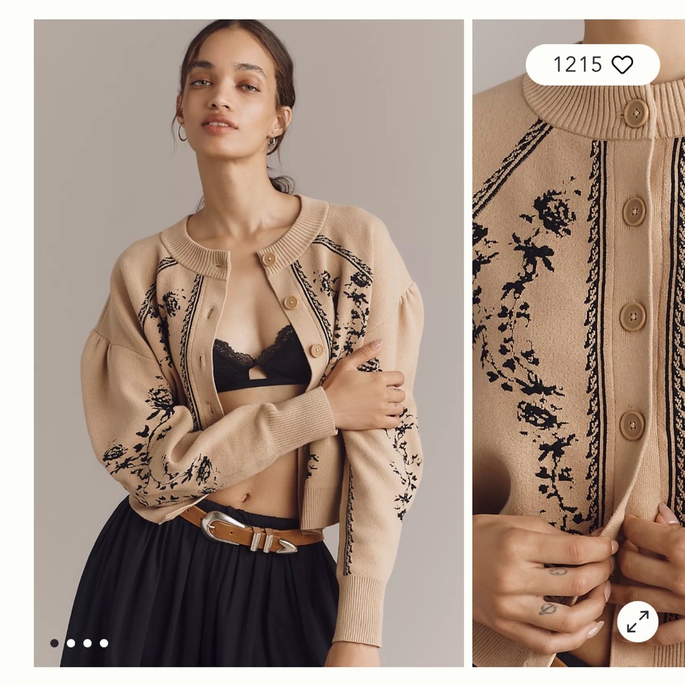 Anthropologie Tan Floral-Accent Ribbed Cardigan